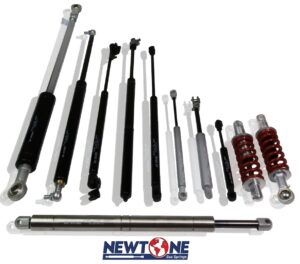 Custom gas springs manufacturer product range including compression gas springs, traction gas springs, lockable gas springs, stainless steel gas springs, and dampers