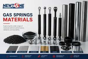 Gas spring materials shown as cutaway parts — steel and stainless cylinder, nitrided rod, seals and oil.