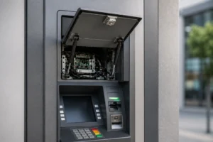 Gas springs for ATM service panels holding a rear service door open for a technician