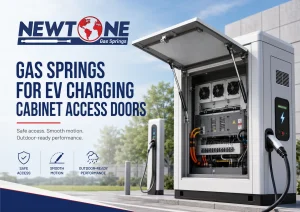 Gas springs for EV charging cabinet access doors support safe and controlled service access in outdoor charger enclosures.