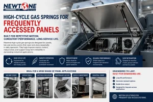 Gas springs for frequently accessed panels holding open a kiosk enclosure access door rated for high-cycle use.