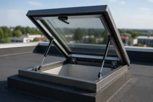 Gas springs for roof access hatches holding a rooftop hatch open for maintenance access