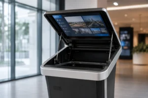 Gas springs for touchscreen kiosks holding an interactive display housing open for service