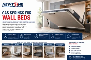 Paired gas springs for wall beds counterbalancing a queen Murphy bed frame mid-arc during lowering.