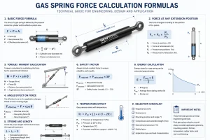 Gas spring force calculation formulas applied to a hinged panel, showing the moment balance at the pivot.