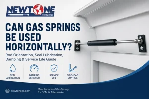 Can gas springs be used horizontally depends on rod orientation, oil position, damping behavior and side-load control.