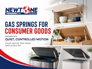 Gas springs for consumer goods support quiet, controlled motion in lids, covers and adjustable product designs.