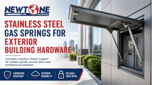 Stainless steel gas springs for exterior building hardware supporting an open roof access hatch.