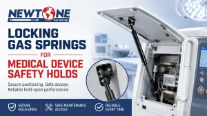 A technician using locking gas springs for medical equipment access panels to hold a service cover open safely.