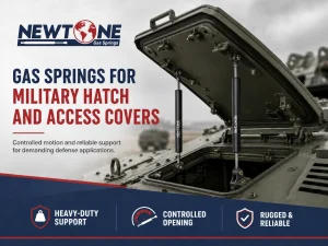 Gas springs for military hatch and access covers supporting an open ISO shelter roof hatch.