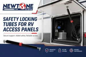 Gas spring safety locking tube fitted to an RV generator compartment access panel.