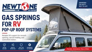 Gas springs for pop-up camper roofs mounted at the roof-shell hinge corners.